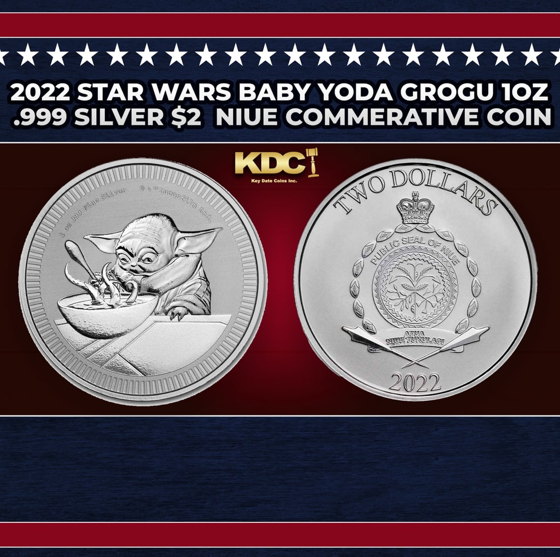 2022 Star Wars Baby Yoda Grogu The Mandalorian 1oz .999 Silver $2  Niue Commerative Coin Grades U... (1 of 3)