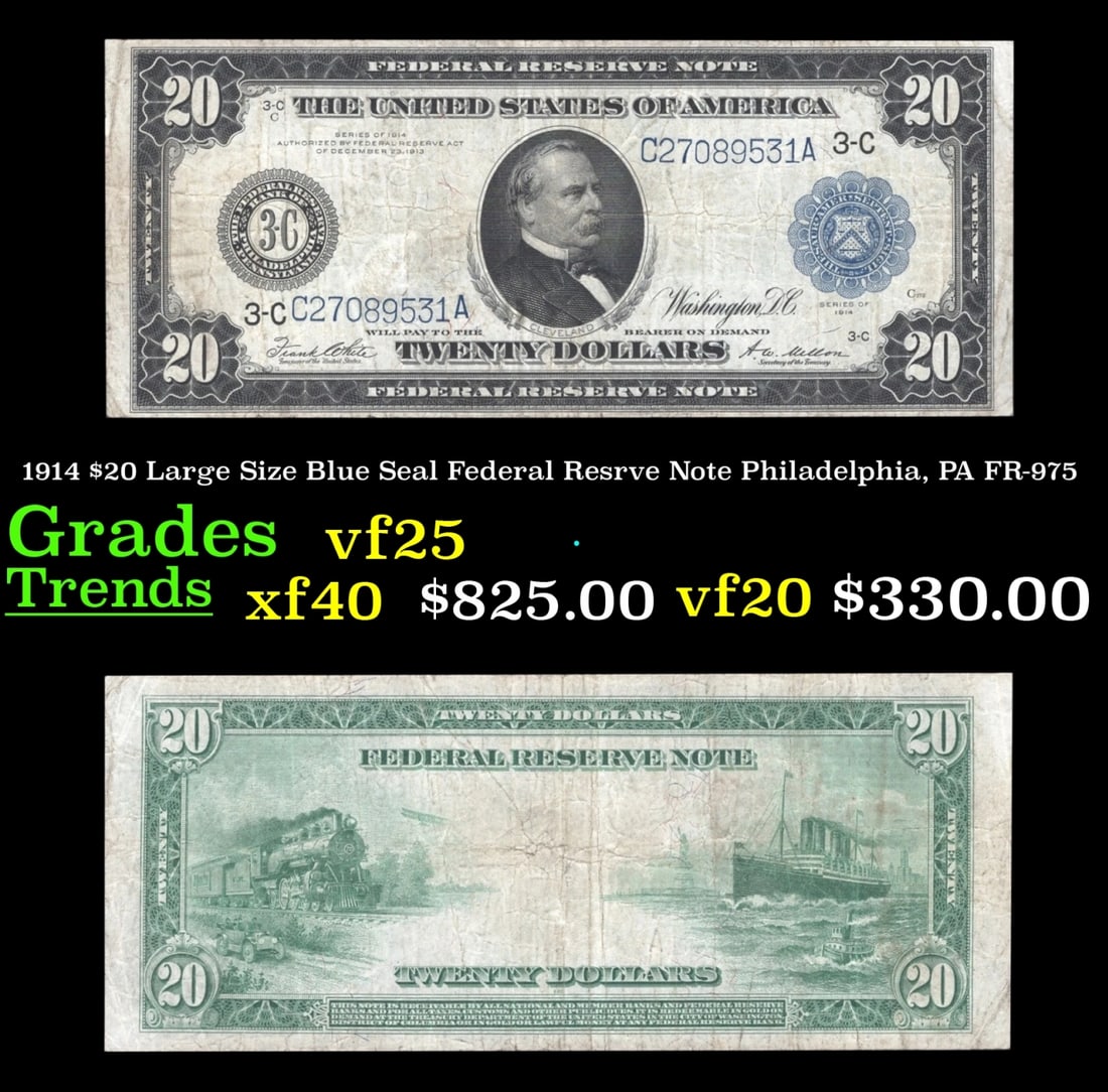1914 $20 Large Size Blue Seal Federal Resrve Note Philadelphia, PA Grades vf+ FR-975 (1 of 3)