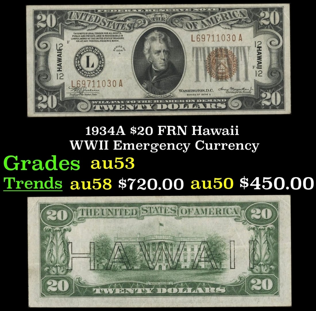 1934A $20 FRN Hawaii WWII Emergency Currency Grades Select AU (1 of 3)