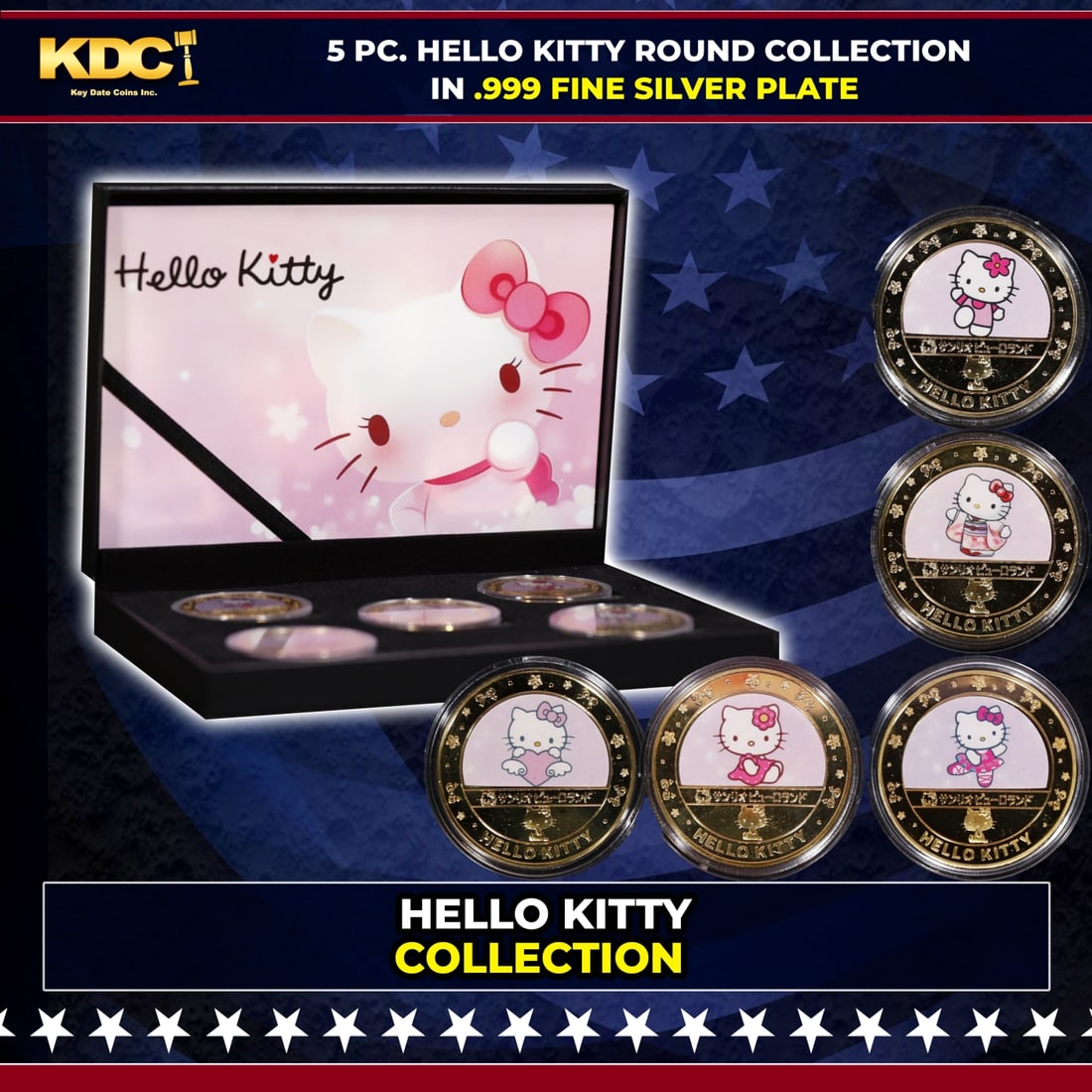 5 PC. Hello Kitty Gold Plated Round Collection In Custom Box W/ Special Backer card: 5 PC. Hello Kitty Gold Plated Round Collection In Custom Box W/ Special Backer card. Please Note All Backer Cards may have slight differences but will be very similar if not identical to the one in th