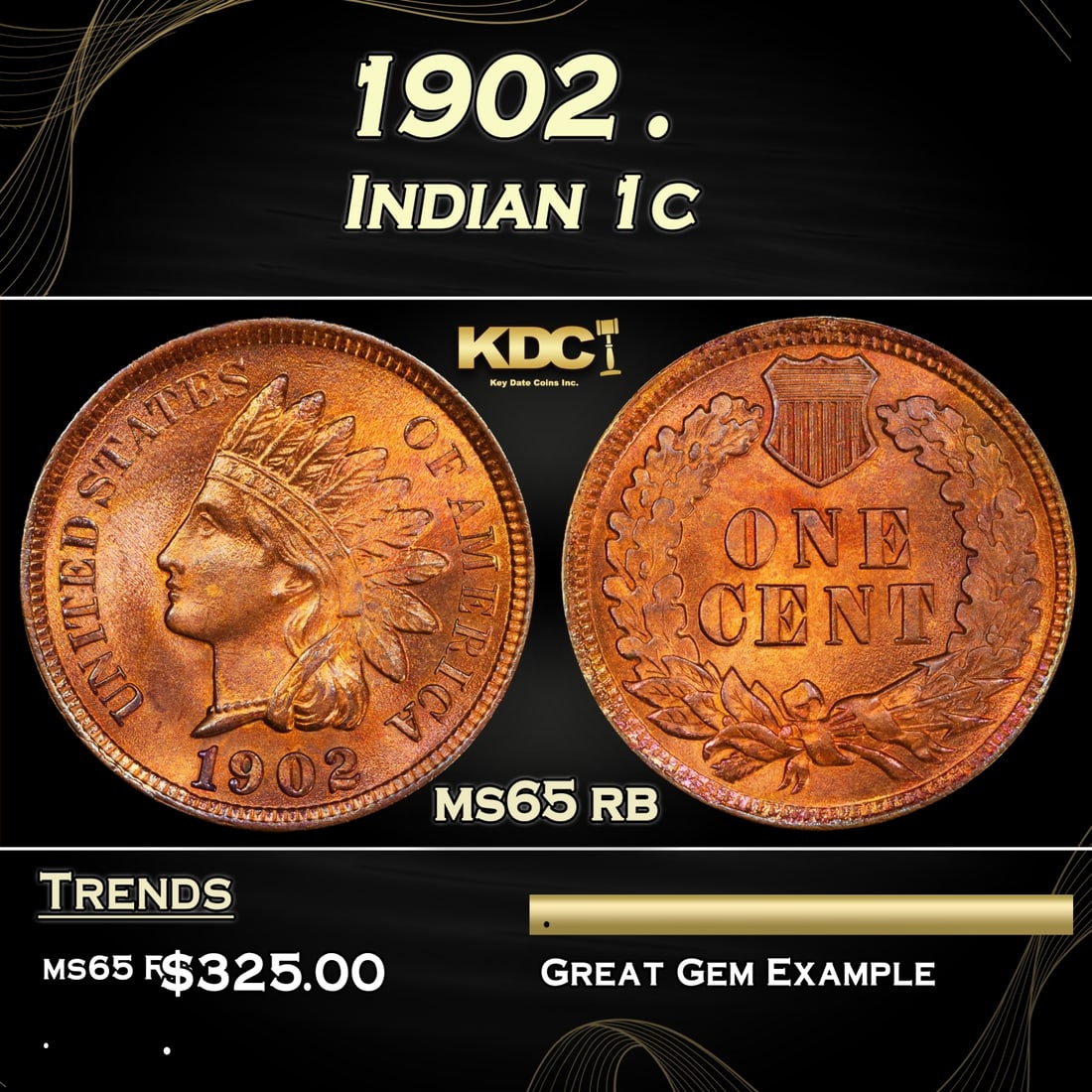 1902 Indian Cent . 1c Grades ms65 rb (1 of 3)