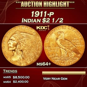 1911-p Gold Indian Quarter Eagle $2 1/2 ms64+ SEGS