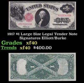 1917 Elliott/Burke $1 Large Size Legal Tender Note Grades xf