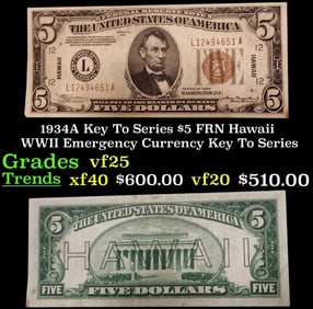 1934A $5 FRN Hawaii WWII Emergency Currency Grades vf+