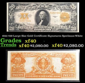 1922 Speelman/White $20 Large Size Gold Certificate Grades xf
