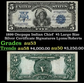 1899 $5 Large Size Silver Certificate Oncpapa Indian Chief  Grades Select AU Signatures