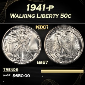 1941-p Walking Liberty Half Dollar 50c ms67 SEGS