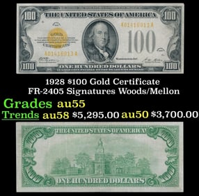 1928 $10 Gold Certificate Signatures Woods/Mellon Grades Select CU