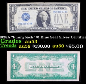 1928A $1 Blue Seal Silver Certificate "Funnyback" Grades Select AU