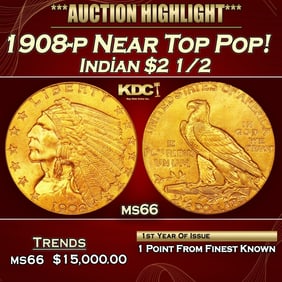 1908-p Gold Indian Quarter Eagle Near Top Pop! $2 1/2 ms66 USCG