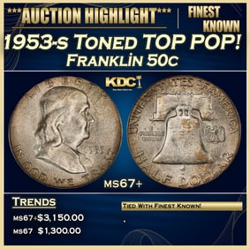 1953-s Franklin Half Dollar Toned TOP POP! 50c ms67+ SEGS