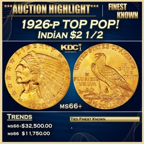 1926-p Gold Indian Quarter Eagle TOP POP! $2 1/2 ms66+ USCG
