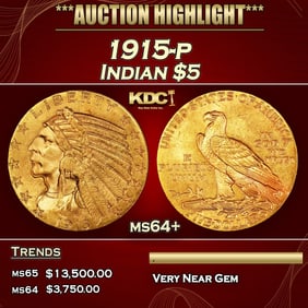 1915-p Gold Indian Half Eagle $5 ms64+ USCG