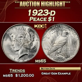 1923-d Peace Dollar $1 ms65 SEGS