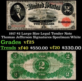 1917 $2 Large Size Legal Tender Note Thomas Jefferson Grades vf+ Signatures Speelman/White