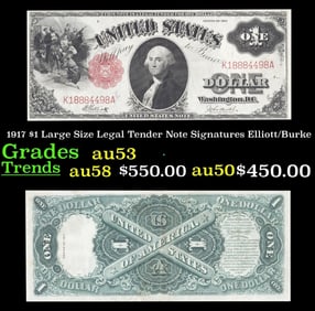 1917 Elliott/Burke $1 Large Size Legal Tender Note Grades Select AU