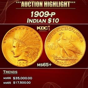 1909-p Gold Indian Eagle $10 ms65+ SEGS