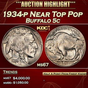 1934-p Buffalo Nickel Near Top Pop 5c ms67 SEGS