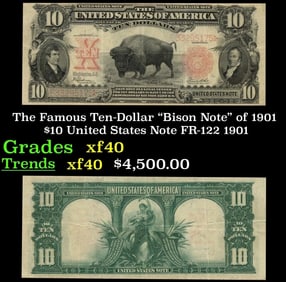 The $10 United States Note Famous Ten-Dollar "Bison Note" of 1901 FR-122 Grades xf 1901