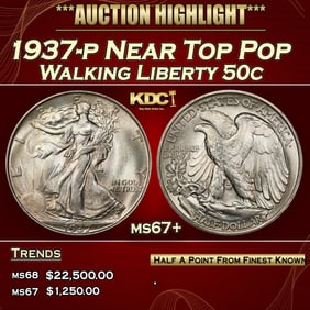 1937-p Walking Liberty Half Dollar Near Top Pop 50c ms67+ SEGS