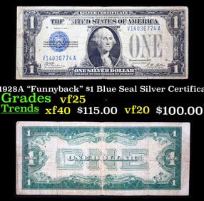 1928A $1 Blue Seal Silver Certificate "Funnyback" Grades vf+