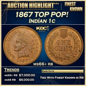 1867 Indian Cent TOP POP! 1c ms66+ rb SEGS