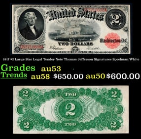 1917 Speelman/White $2 Large Size Legal Tender Note Grades Select AU
