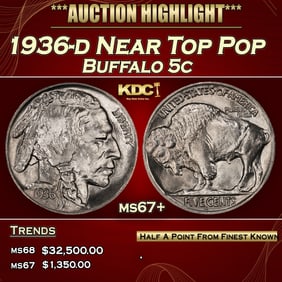 1936-d Buffalo Nickel Near Top Pop 5c ms67+ SEGS