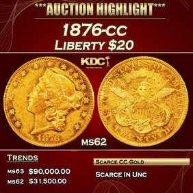 1876-cc Gold Liberty Double Eagle $20 ms62 USCG