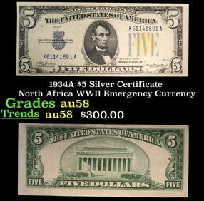 1934A $5 Silver Certificate North Africa WWII Emergency Currency Grades Choice AU/BU Slider