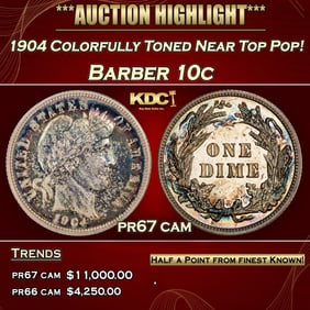 1904 Proof Barber Dime Colorfully Toned Near Top Pop! 10c pr67 cam SEGS
