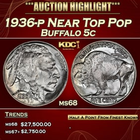 1936-p Buffalo Nickel Near Top Pop 5c ms68 SEGS