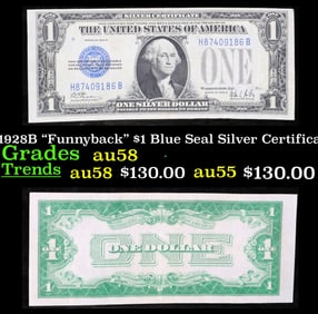 1928B $1 Blue Seal Silver Certificate "Funnyback" Grades Choice AU/BU Slider