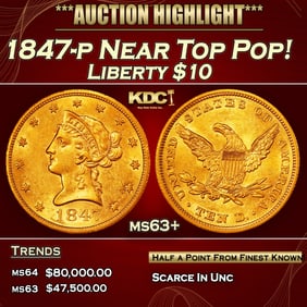 1847-p Gold Liberty Eagle Near Top Pop! $10 ms63+ USCG