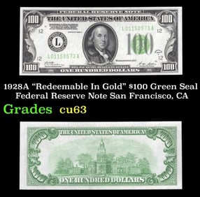 1928A $100 Green Seal Federal Reserve Note San Francisco, CA Grades Select CU