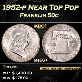 1952-p Franklin Half Dollar Near Top Pop 50c ms66+ SEGS