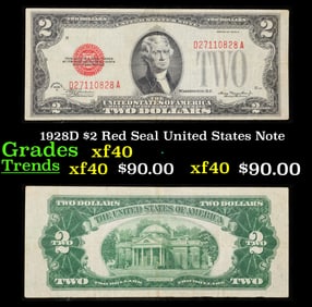 1928D $2 Red Seal United States Note Grades xf