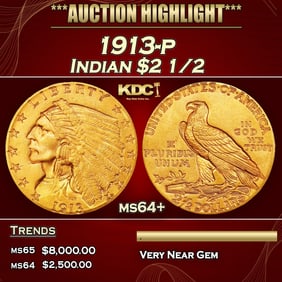 1913-p Gold Indian Quarter Eagle $2 1/2 ms64+ SEGS