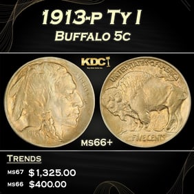 1913-p Ty I Buffalo Nickel 5c ms66+ SEGS