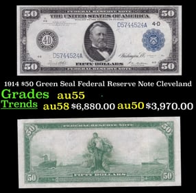 1914 FR-1039 Cleveland $50 Green Seal Federal Reserve Note Grades Choice AU