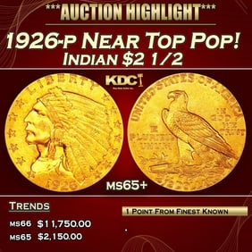 1926-p Gold Indian Quarter Eagle Near Top Pop! $2 1/2 ms65+ SEGS