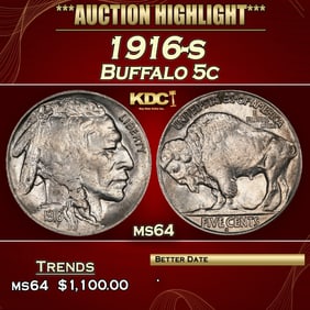 1916-s Buffalo Nickel 5c ms64 SEGS