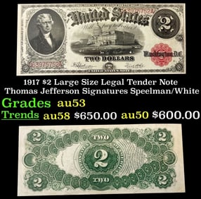1917 Speelman/White $2 Large Size Legal Tender Note Grades Select AU