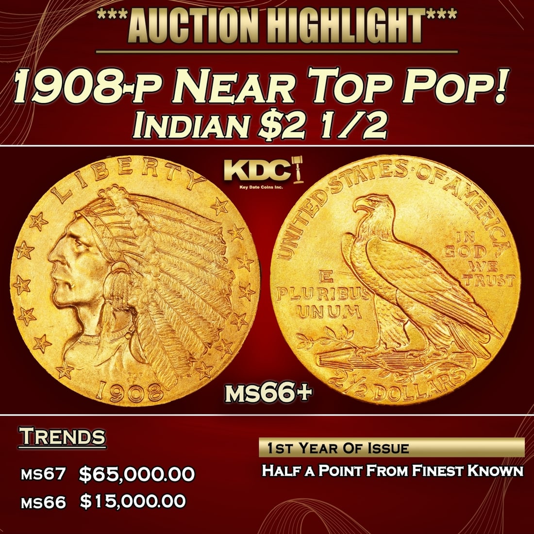 1908-p Gold Indian Quarter Eagle Near Top Pop! $2 1/2 ms66+ USCG (1 of 4)