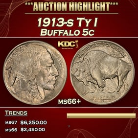 1913-s Ty I Buffalo Nickel 5c ms66+ SEGS
