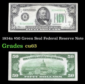1934a $50 Green Seal Federal Reserve Note Grades Select CU
