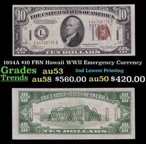 1934A $10 FRN Hawaii WWII Emergency Currency Grades Select AU