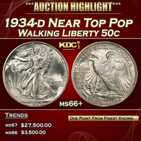 1934-d Walking Liberty Half Dollar Near Top Pop 50c ms66+ SEGS