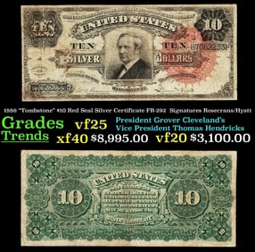1886 Rosecrans/Hyatt $10 Red Seal Silver Certificate Grades vf+