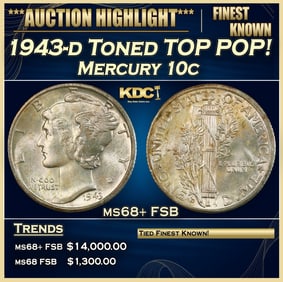 1943-d Mercury Dime Toned TOP POP! 10c ms68+ FSB SEGS